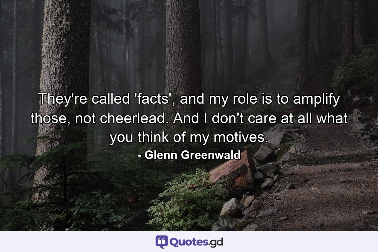 They're called 'facts', and my role is to amplify those, not cheerlead. And I don't care at all what you think of my motives. - Quote by Glenn Greenwald