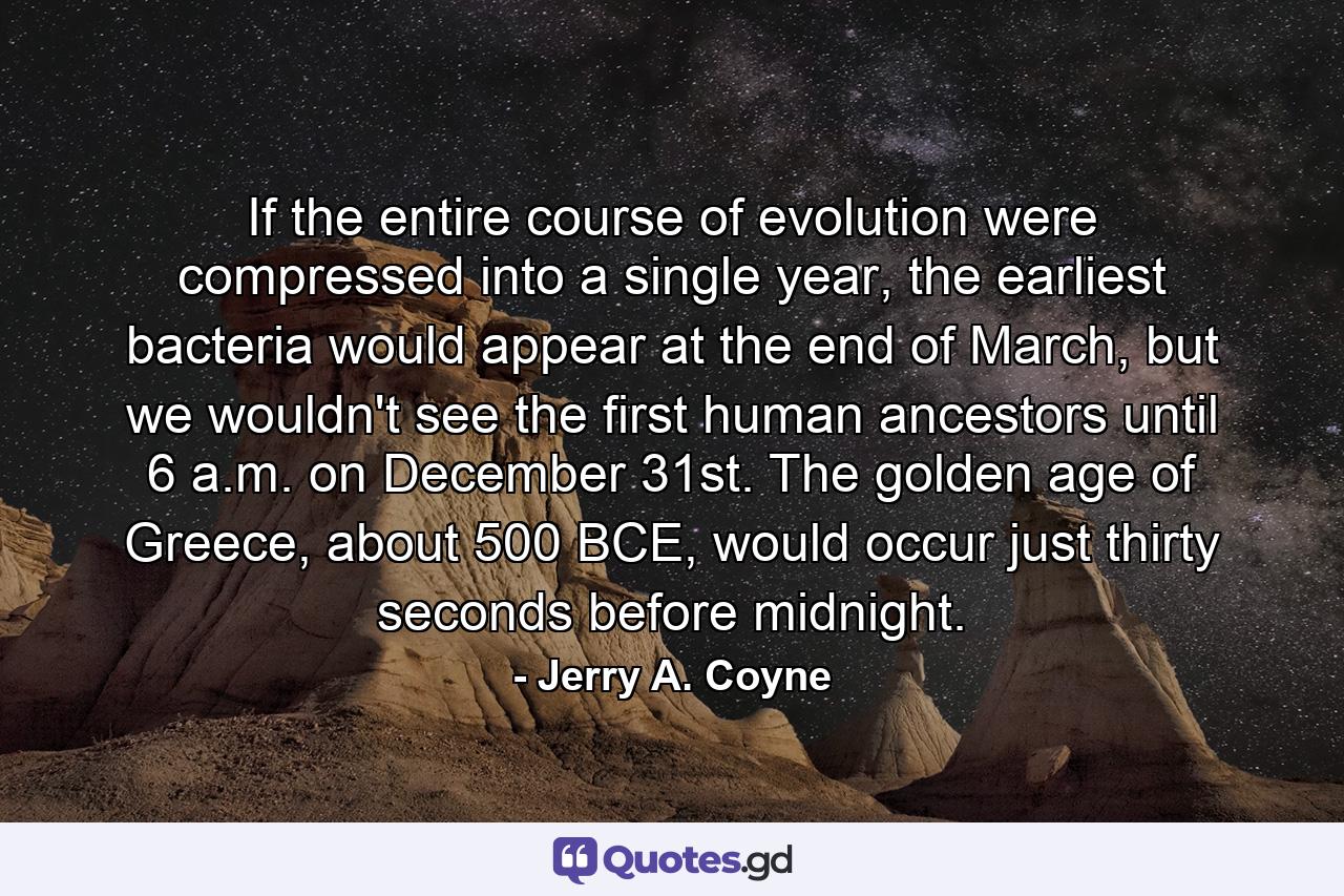 If the entire course of evolution were compressed into a single year, the earliest bacteria would appear at the end of March, but we wouldn't see the first human ancestors until 6 a.m. on December 31st. The golden age of Greece, about 500 BCE, would occur just thirty seconds before midnight. - Quote by Jerry A. Coyne