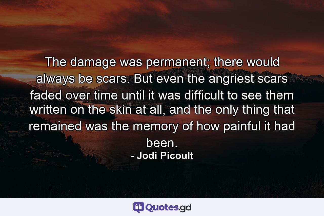 The damage was permanent; there would always be scars. But even the angriest scars faded over time until it was difficult to see them written on the skin at all, and the only thing that remained was the memory of how painful it had been. - Quote by Jodi Picoult