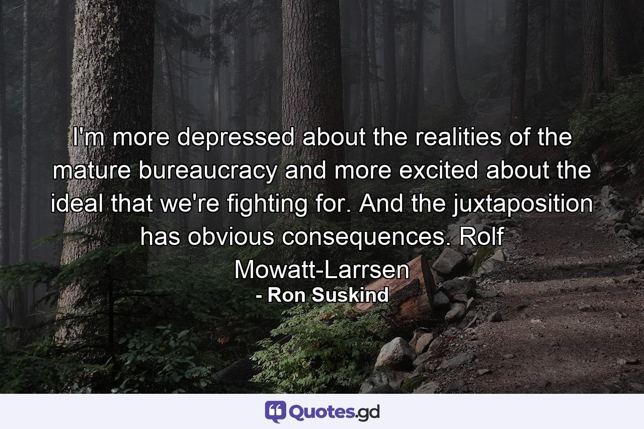 I'm more depressed about the realities of the mature bureaucracy and more excited about the ideal that we're fighting for. And the juxtaposition has obvious consequences. Rolf Mowatt-Larrsen - Quote by Ron Suskind