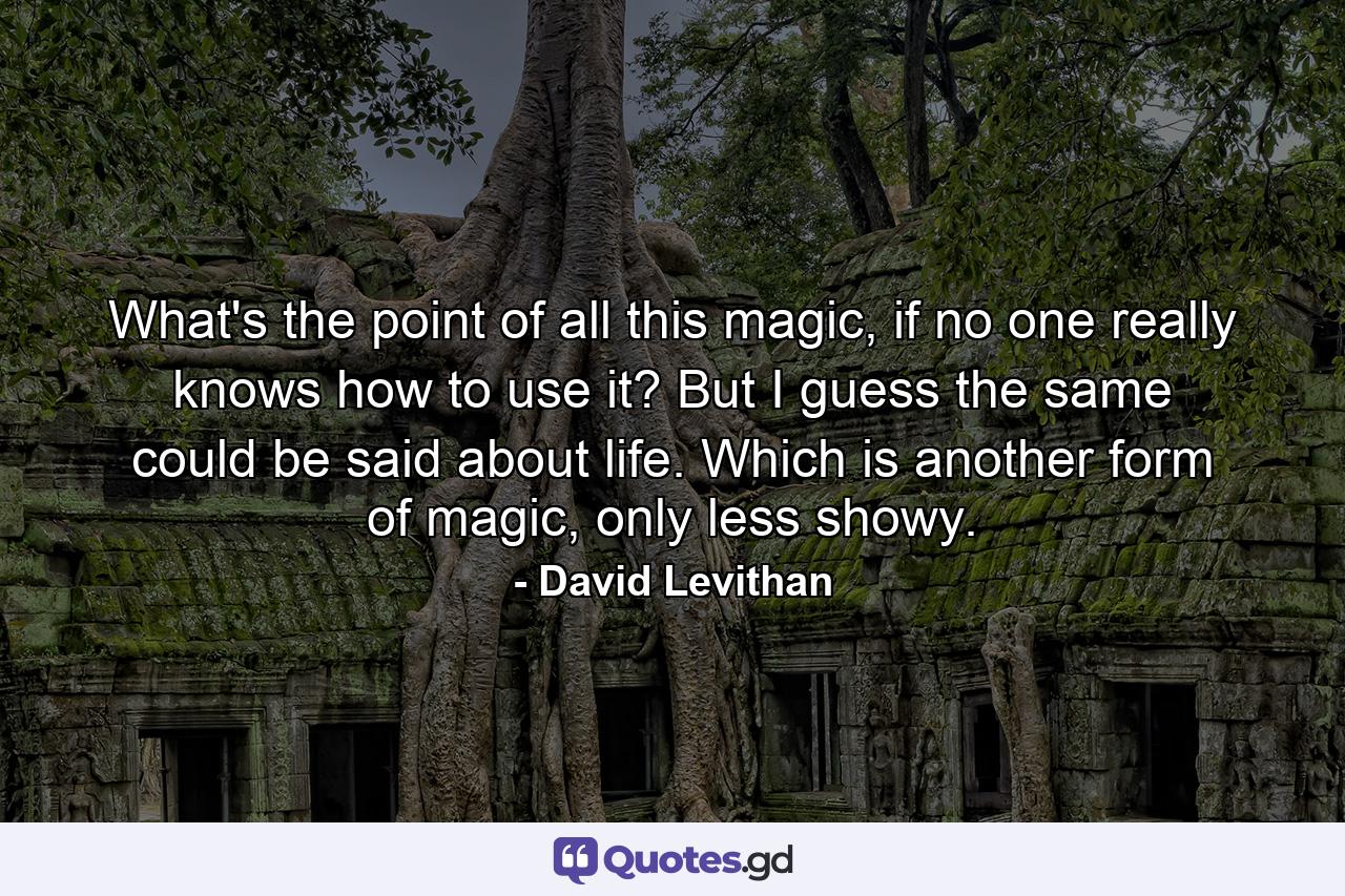 What's the point of all this magic, if no one really knows how to use it? But I guess the same could be said about life. Which is another form of magic, only less showy. - Quote by David Levithan