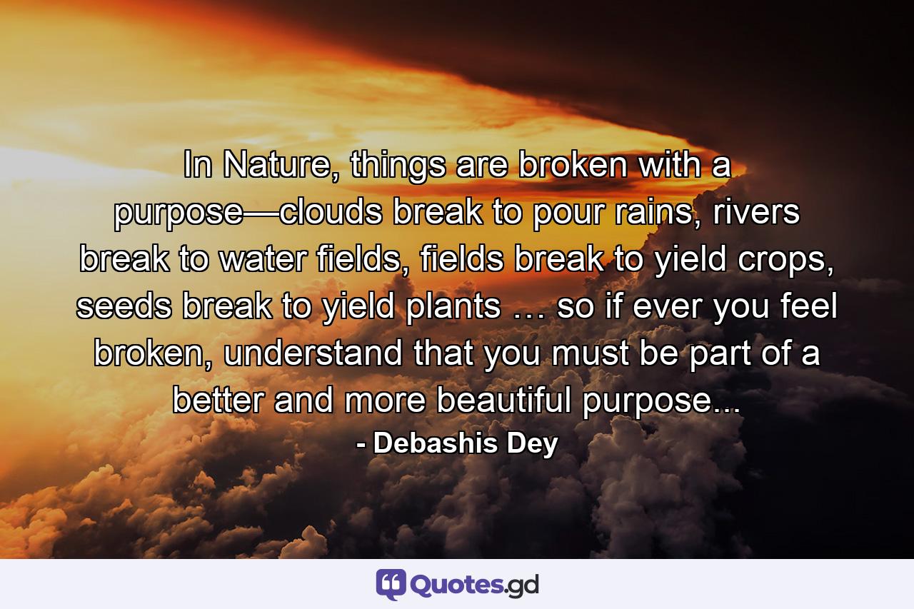 In Nature, things are broken with a purpose—clouds break to pour rains, rivers break to water fields, fields break to yield crops, seeds break to yield plants … so if ever you feel broken, understand that you must be part of a better and more beautiful purpose... - Quote by Debashis Dey