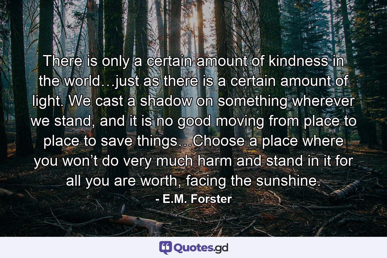 There is only a certain amount of kindness in the world…just as there is a certain amount of light. We cast a shadow on something wherever we stand, and it is no good moving from place to place to save things…Choose a place where you won’t do very much harm and stand in it for all you are worth, facing the sunshine. - Quote by E.M. Forster