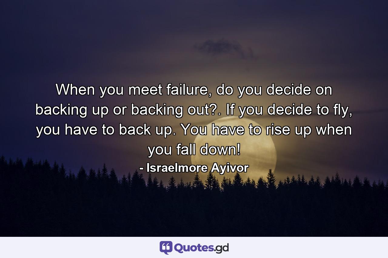 When you meet failure, do you decide on backing up or backing out?. If you decide to fly, you have to back up. You have to rise up when you fall down! - Quote by Israelmore Ayivor