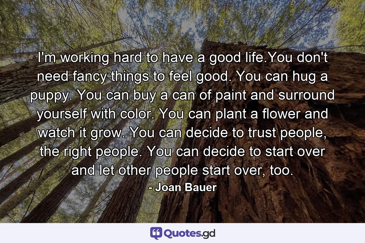 I'm working hard to have a good life.You don't need fancy things to feel good. You can hug a puppy. You can buy a can of paint and surround yourself with color. You can plant a flower and watch it grow. You can decide to trust people, the right people. You can decide to start over and let other people start over, too. - Quote by Joan Bauer