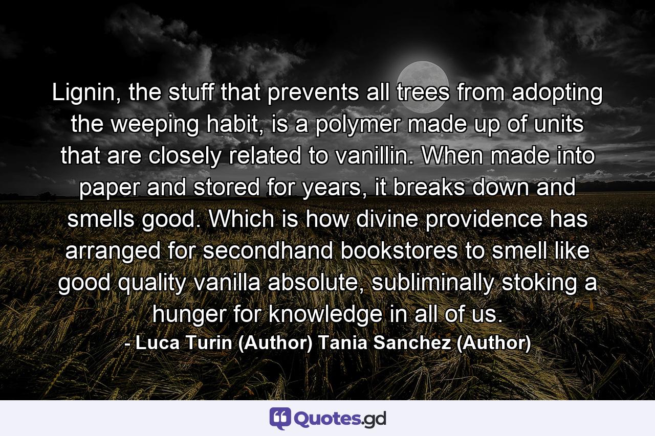 Lignin, the stuff that prevents all trees from adopting the weeping habit, is a polymer made up of units that are closely related to vanillin. When made into paper and stored for years, it breaks down and smells good. Which is how divine providence has arranged for secondhand bookstores to smell like good quality vanilla absolute, subliminally stoking a hunger for knowledge in all of us. - Quote by Luca Turin (Author) Tania Sanchez (Author)