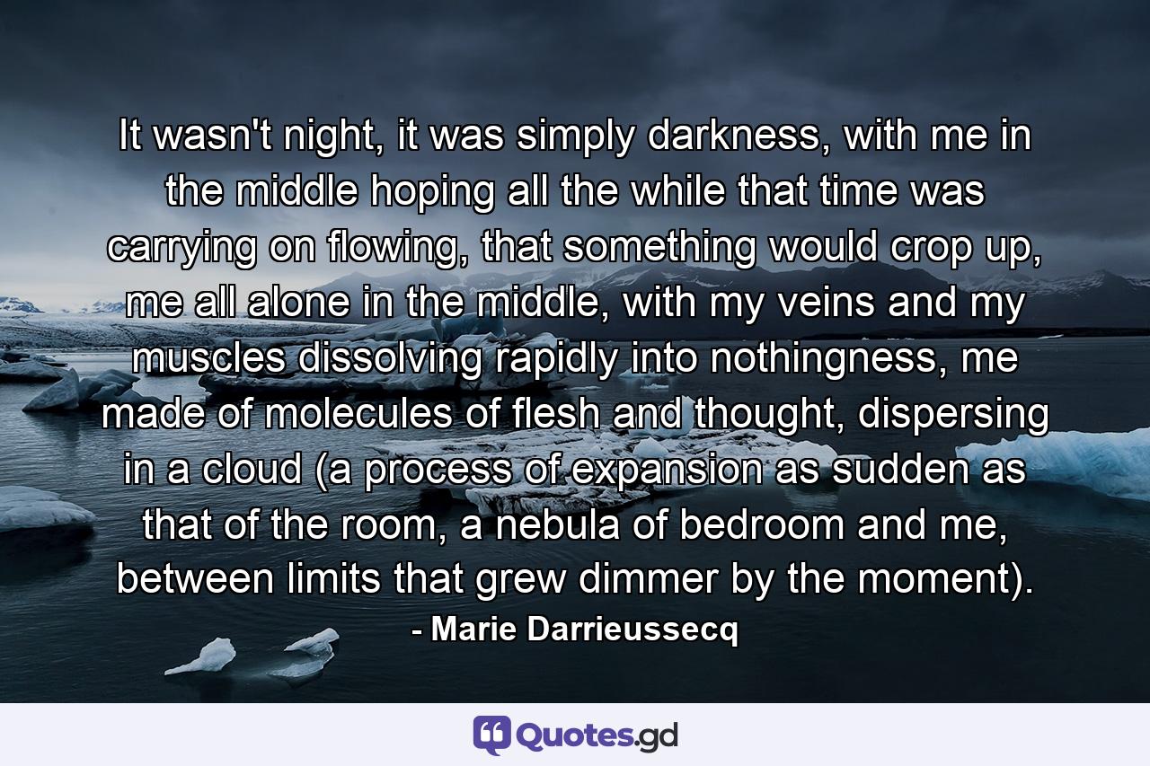 It wasn't night, it was simply darkness, with me in the middle hoping all the while that time was carrying on flowing, that something would crop up, me all alone in the middle, with my veins and my muscles dissolving rapidly into nothingness, me made of molecules of flesh and thought, dispersing in a cloud (a process of expansion as sudden as that of the room, a nebula of bedroom and me, between limits that grew dimmer by the moment). - Quote by Marie Darrieussecq