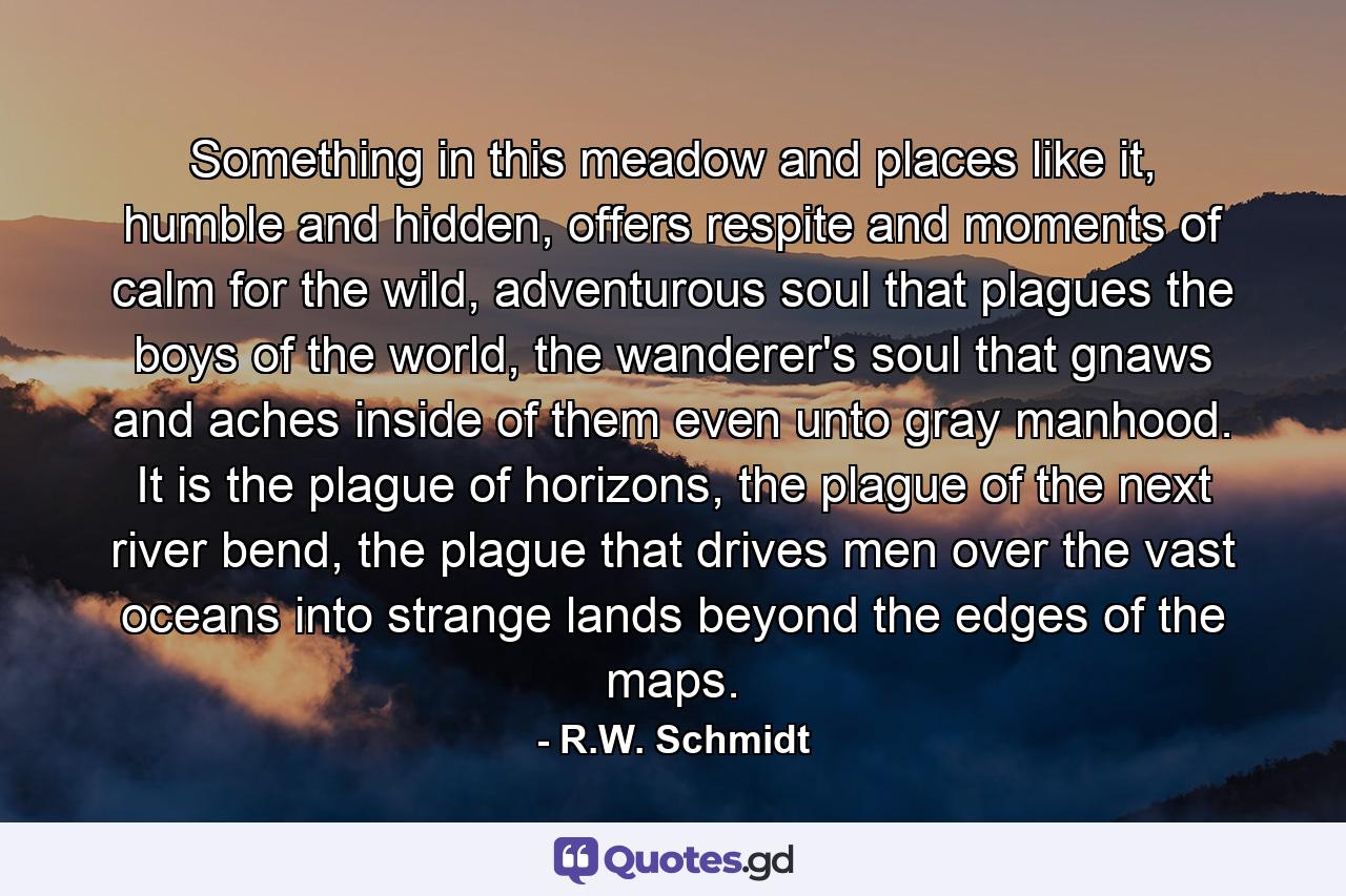 Something in this meadow and places like it, humble and hidden, offers respite and moments of calm for the wild, adventurous soul that plagues the boys of the world, the wanderer's soul that gnaws and aches inside of them even unto gray manhood. It is the plague of horizons, the plague of the next river bend, the plague that drives men over the vast oceans into strange lands beyond the edges of the maps. - Quote by R.W. Schmidt