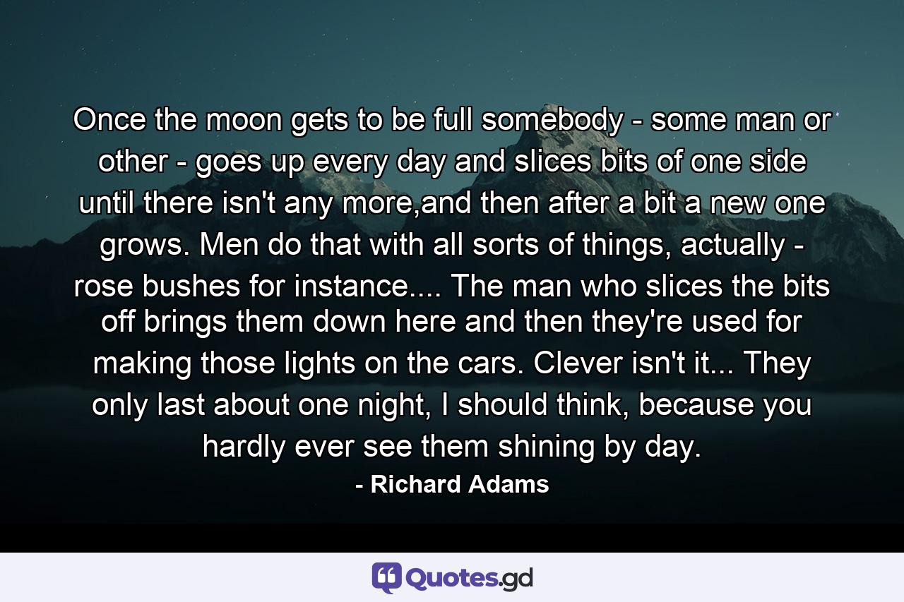 Once the moon gets to be full somebody - some man or other - goes up every day and slices bits of one side until there isn't any more,and then after a bit a new one grows. Men do that with all sorts of things, actually - rose bushes for instance.... The man who slices the bits off brings them down here and then they're used for making those lights on the cars. Clever isn't it... They only last about one night, I should think, because you hardly ever see them shining by day. - Quote by Richard Adams