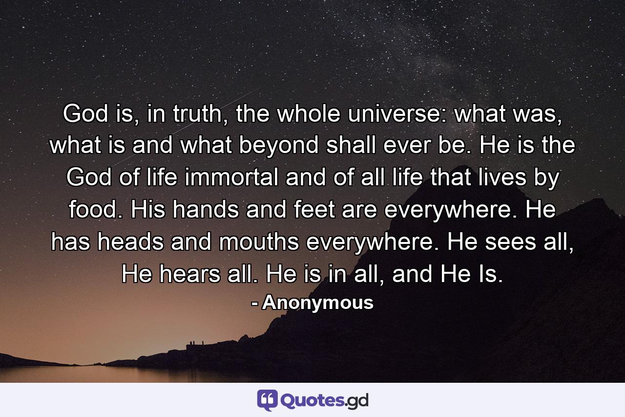 God is, in truth, the whole universe: what was, what is and what beyond shall ever be. He is the God of life immortal and of all life that lives by food. His hands and feet are everywhere. He has heads and mouths everywhere. He sees all, He hears all. He is in all, and He Is. - Quote by Anonymous