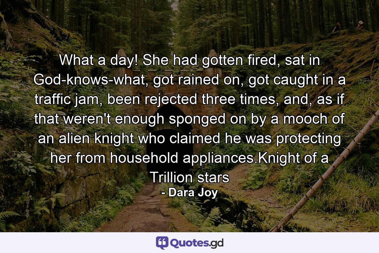 What a day! She had gotten fired, sat in God-knows-what, got rained on, got caught in a traffic jam, been rejected three times, and, as if that weren't enough sponged on by a mooch of an alien knight who claimed he was protecting her from household appliances.Knight of a Trillion stars - Quote by Dara Joy