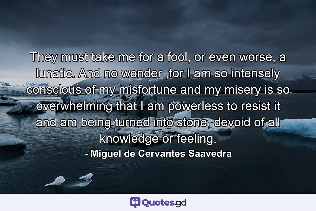 They must take me for a fool, or even worse, a lunatic. And no wonder ,for I am so intensely conscious of my misfortune and my misery is so overwhelming that I am powerless to resist it and am being turned into stone, devoid of all knowledge or feeling. - Quote by Miguel de Cervantes Saavedra