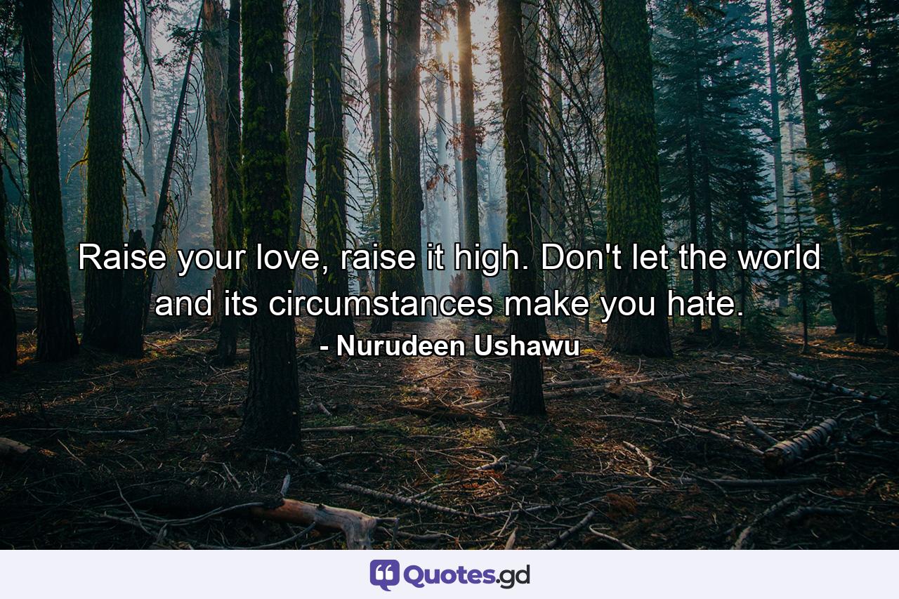 Raise your love, raise it high. Don't let the world and its circumstances make you hate. - Quote by Nurudeen Ushawu