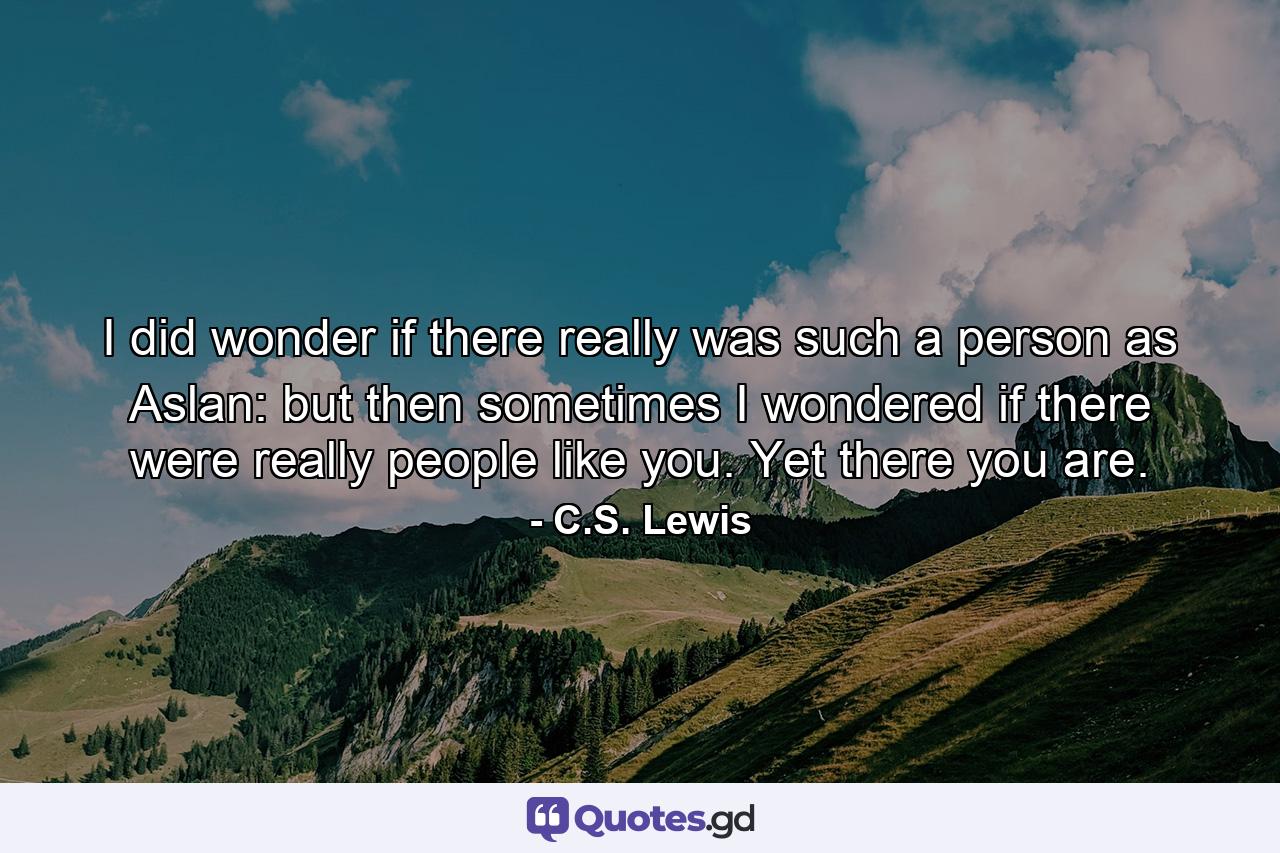 I did wonder if there really was such a person as Aslan: but then sometimes I wondered if there were really people like you. Yet there you are. - Quote by C.S. Lewis