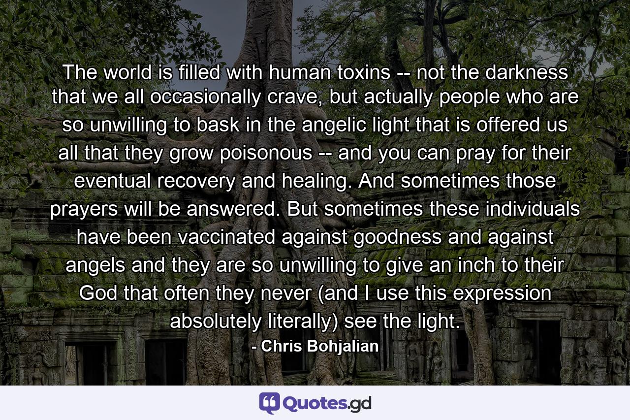 The world is filled with human toxins -- not the darkness that we all occasionally crave, but actually people who are so unwilling to bask in the angelic light that is offered us all that they grow poisonous -- and you can pray for their eventual recovery and healing. And sometimes those prayers will be answered. But sometimes these individuals have been vaccinated against goodness and against angels and they are so unwilling to give an inch to their God that often they never (and I use this expression absolutely literally) see the light. - Quote by Chris Bohjalian