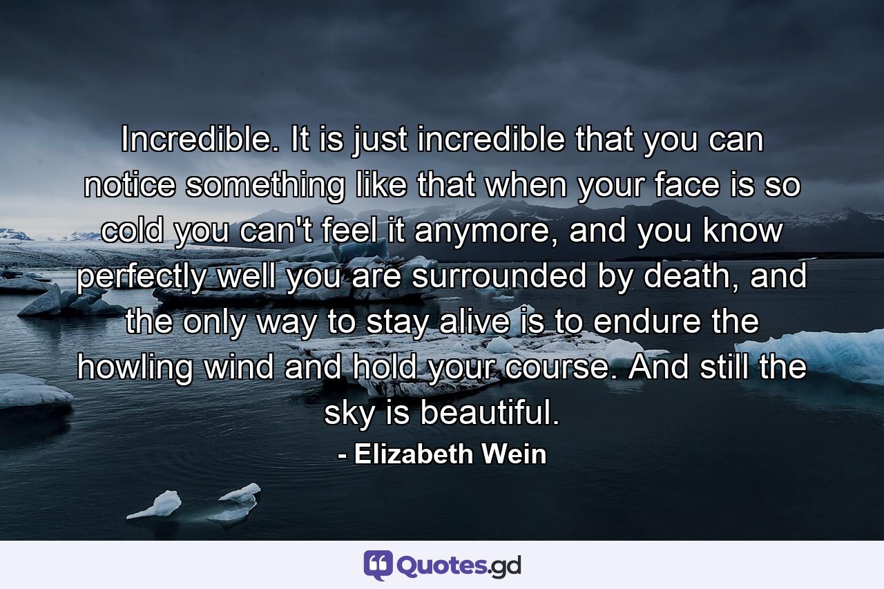 Incredible. It is just incredible that you can notice something like that when your face is so cold you can't feel it anymore, and you know perfectly well you are surrounded by death, and the only way to stay alive is to endure the howling wind and hold your course. And still the sky is beautiful. - Quote by Elizabeth Wein