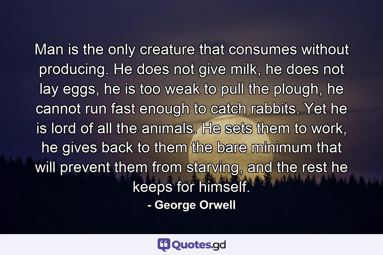 Man is the only creature that consumes without producing. He does not give milk, he does not lay eggs, he is too weak to pull the plough, he cannot run fast enough to catch rabbits. Yet he is lord of all the animals. He sets them to work, he gives back to them the bare minimum that will prevent them from starving, and the rest he keeps for himself. - Quote by George Orwell