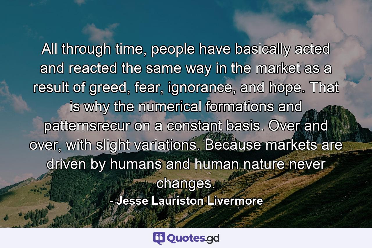 All through time, people have basically acted and reacted the same way in the market as a result of greed, fear, ignorance, and hope. That is why the numerical formations and patternsrecur on a constant basis. Over and over, with slight variations. Because markets are driven by humans and human nature never changes. - Quote by Jesse Lauriston Livermore