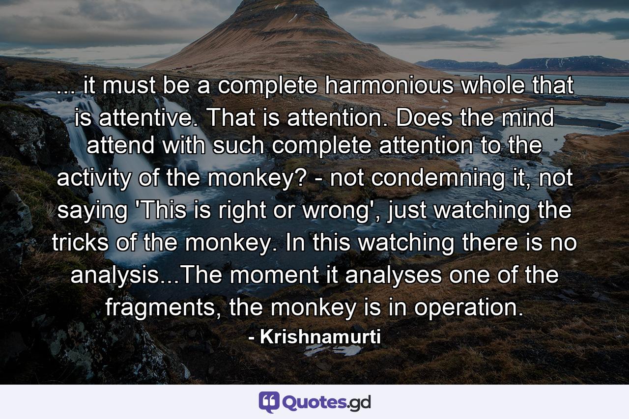 ... it must be a complete harmonious whole that is attentive. That is attention. Does the mind attend with such complete attention to the activity of the monkey? - not condemning it, not saying 'This is right or wrong', just watching the tricks of the monkey. In this watching there is no analysis...The moment it analyses one of the fragments, the monkey is in operation. - Quote by Krishnamurti