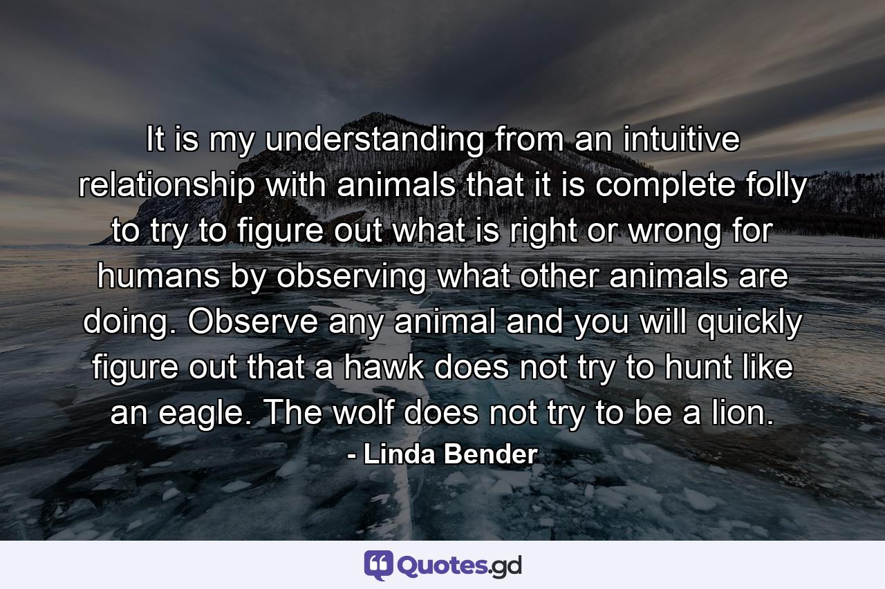 It is my understanding from an intuitive relationship with animals that it is complete folly to try to figure out what is right or wrong for humans by observing what other animals are doing. Observe any animal and you will quickly figure out that a hawk does not try to hunt like an eagle. The wolf does not try to be a lion. - Quote by Linda Bender