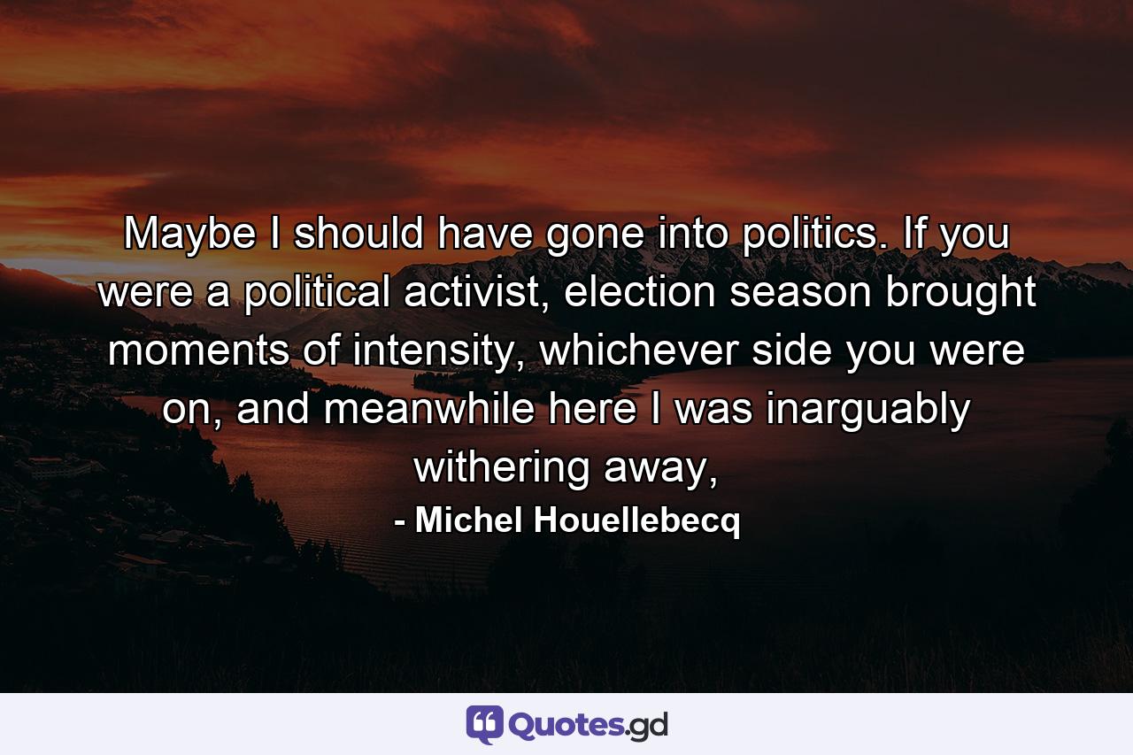 Maybe I should have gone into politics. If you were a political activist, election season brought moments of intensity, whichever side you were on, and meanwhile here I was inarguably withering away, - Quote by Michel Houellebecq