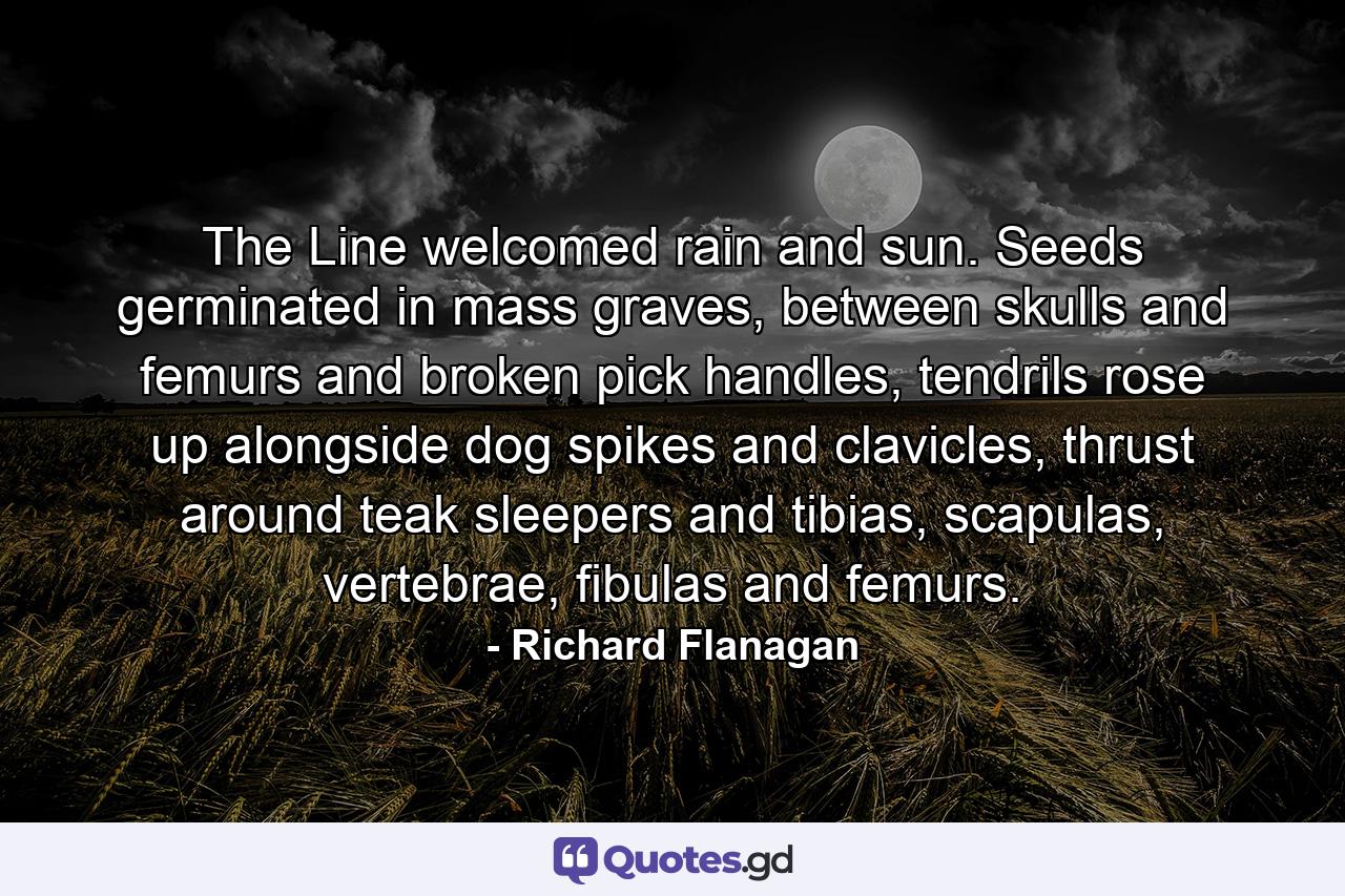 The Line welcomed rain and sun. Seeds germinated in mass graves, between skulls and femurs and broken pick handles, tendrils rose up alongside dog spikes and clavicles, thrust around teak sleepers and tibias, scapulas, vertebrae, fibulas and femurs. - Quote by Richard Flanagan