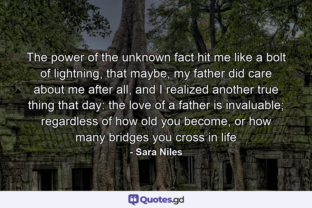 The power of the unknown fact hit me like a bolt of lightning, that maybe, my father did care about me after all, and I realized another true thing that day: the love of a father is invaluable; regardless of how old you become, or how many bridges you cross in life - Quote by Sara Niles