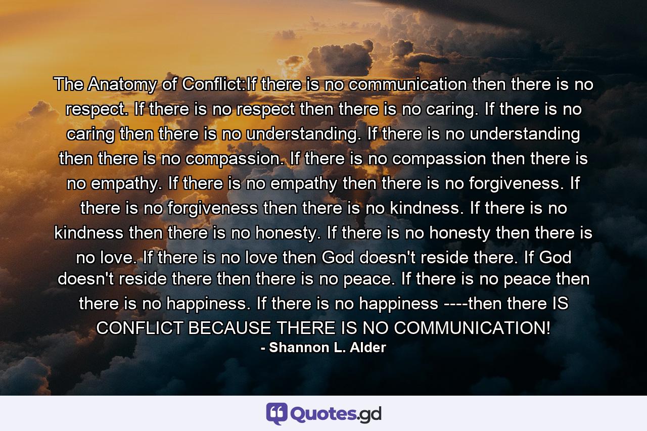 The Anatomy of Conflict:If there is no communication then there is no respect. If there is no respect then there is no caring. If there is no caring then there is no understanding. If there is no understanding then there is no compassion. If there is no compassion then there is no empathy. If there is no empathy then there is no forgiveness. If there is no forgiveness then there is no kindness. If there is no kindness then there is no honesty. If there is no honesty then there is no love. If there is no love then God doesn't reside there. If God doesn't reside there then there is no peace. If there is no peace then there is no happiness. If there is no happiness ----then there IS CONFLICT BECAUSE THERE IS NO COMMUNICATION! - Quote by Shannon L. Alder