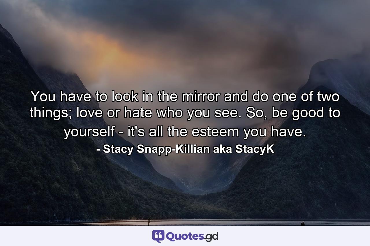 You have to look in the mirror and do one of two things; love or hate who you see. So, be good to yourself - it's all the esteem you have. - Quote by Stacy Snapp-Killian aka StacyK