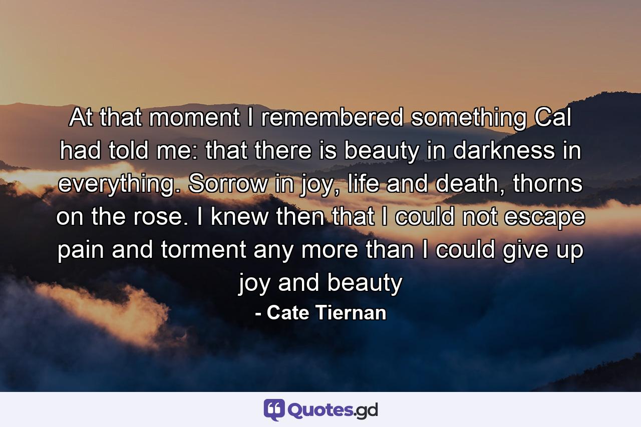 At that moment I remembered something Cal had told me: that there is beauty in darkness in everything. Sorrow in joy, life and death, thorns on the rose. I knew then that I could not escape pain and torment any more than I could give up joy and beauty - Quote by Cate Tiernan