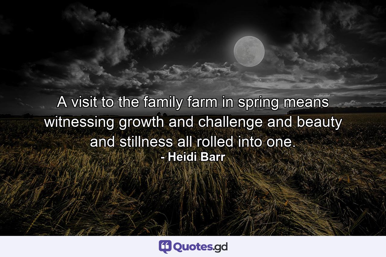 A visit to the family farm in spring means witnessing growth and challenge and beauty and stillness all rolled into one. - Quote by Heidi Barr