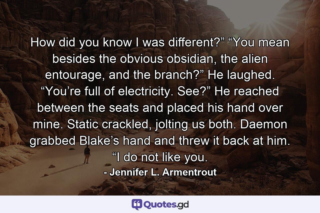 How did you know I was different?” “You mean besides the obvious obsidian, the alien entourage, and the branch?” He laughed. “You’re full of electricity. See?” He reached between the seats and placed his hand over mine. Static crackled, jolting us both. Daemon grabbed Blake’s hand and threw it back at him. “I do not like you. - Quote by Jennifer L. Armentrout