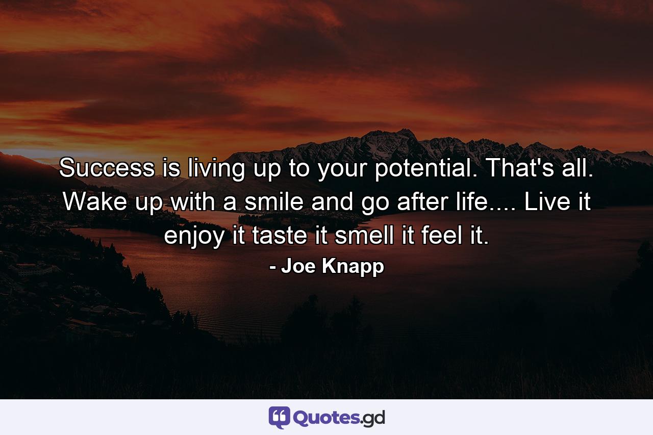 Success is living up to your potential. That's all. Wake up with a smile and go after life.... Live it  enjoy it  taste it  smell it  feel it. - Quote by Joe Knapp