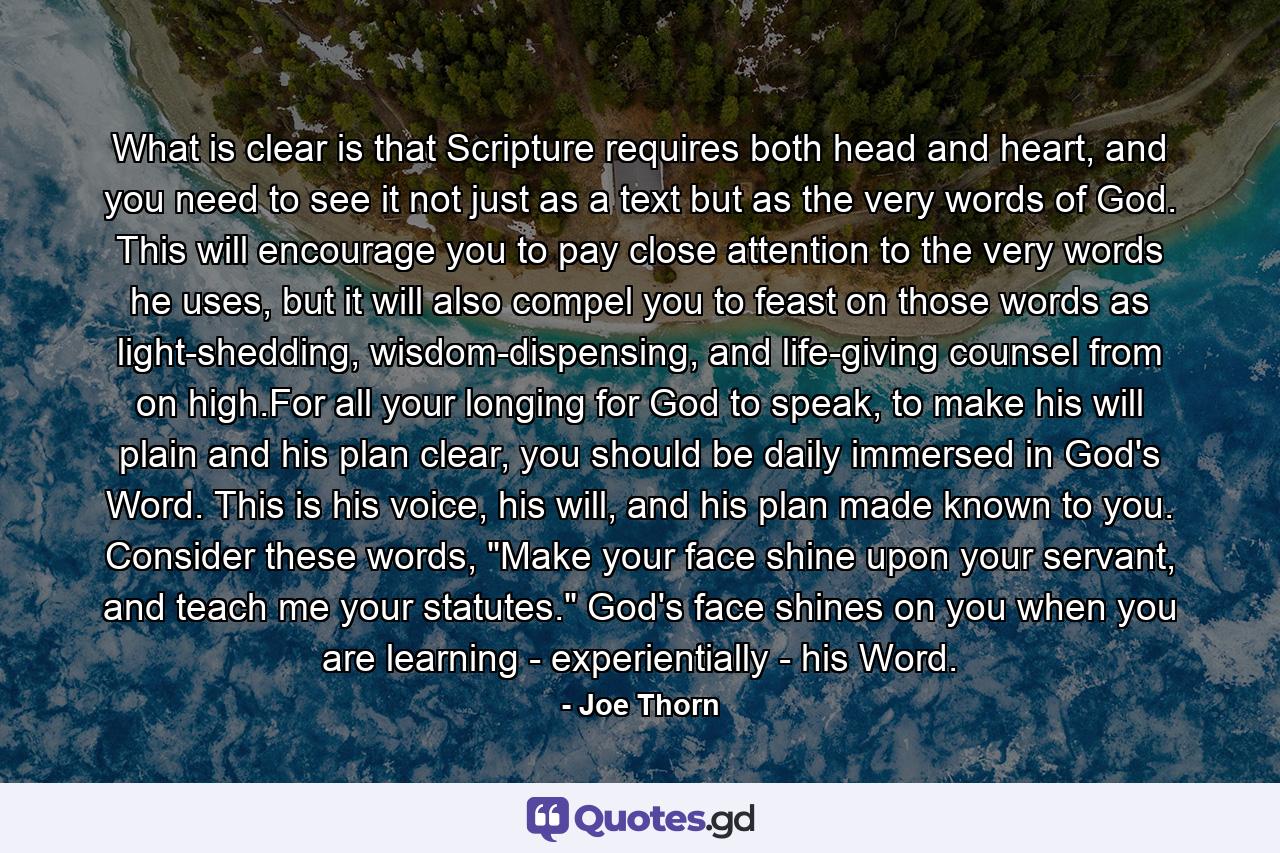 What is clear is that Scripture requires both head and heart, and you need to see it not just as a text but as the very words of God. This will encourage you to pay close attention to the very words he uses, but it will also compel you to feast on those words as light-shedding, wisdom-dispensing, and life-giving counsel from on high.For all your longing for God to speak, to make his will plain and his plan clear, you should be daily immersed in God's Word. This is his voice, his will, and his plan made known to you. Consider these words, 