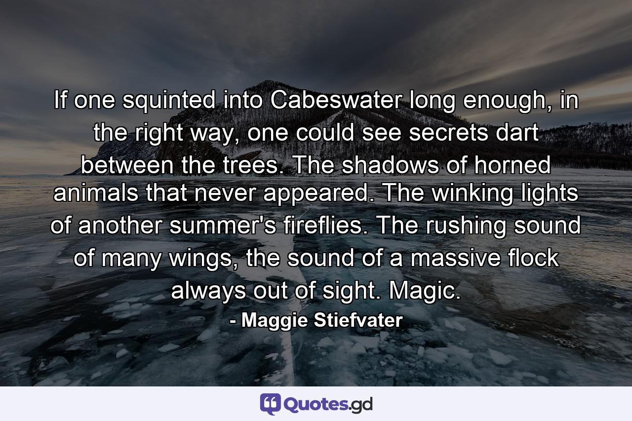 If one squinted into Cabeswater long enough, in the right way, one could see secrets dart between the trees. The shadows of horned animals that never appeared. The winking lights of another summer's fireflies. The rushing sound of many wings, the sound of a massive flock always out of sight. Magic. - Quote by Maggie Stiefvater