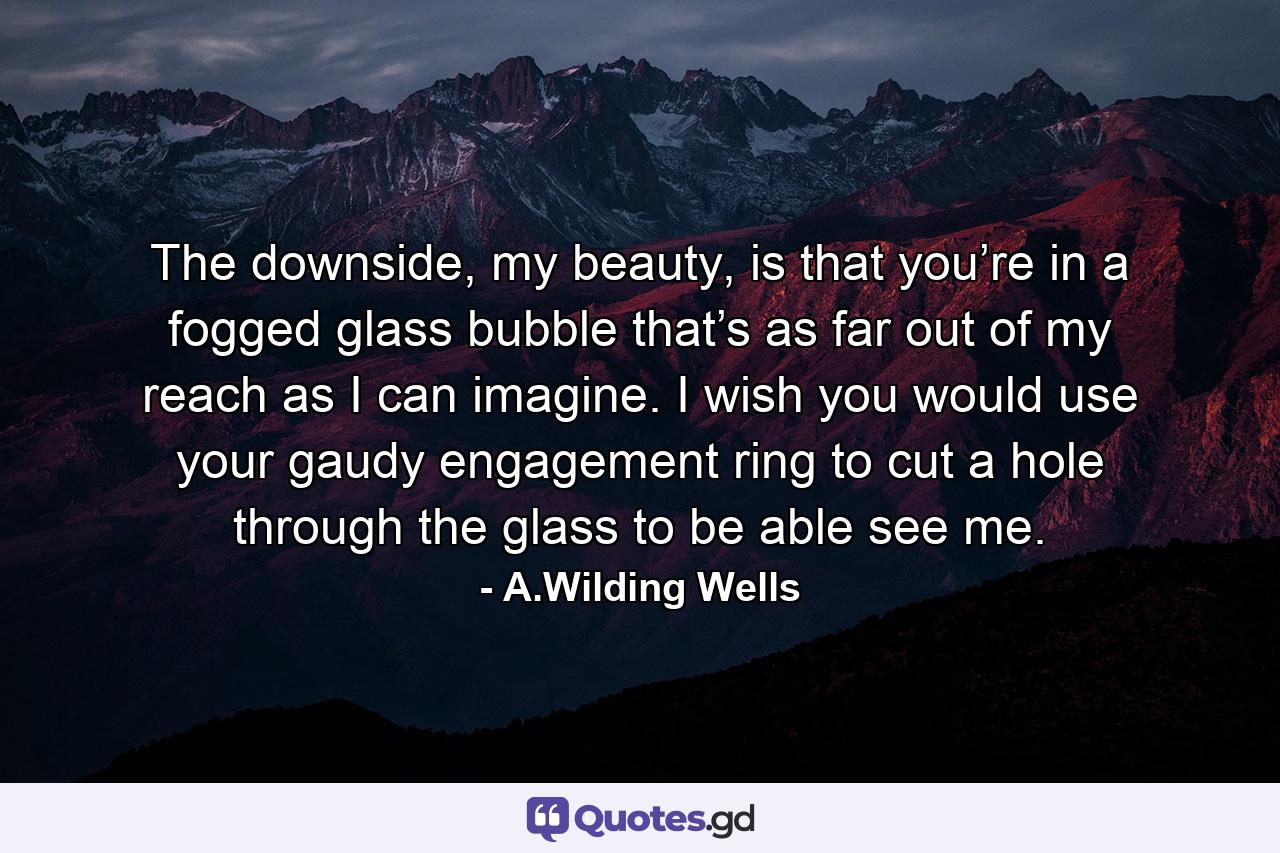 The downside, my beauty, is that you’re in a fogged glass bubble that’s as far out of my reach as I can imagine. I wish you would use your gaudy engagement ring to cut a hole through the glass to be able see me. - Quote by A.Wilding Wells