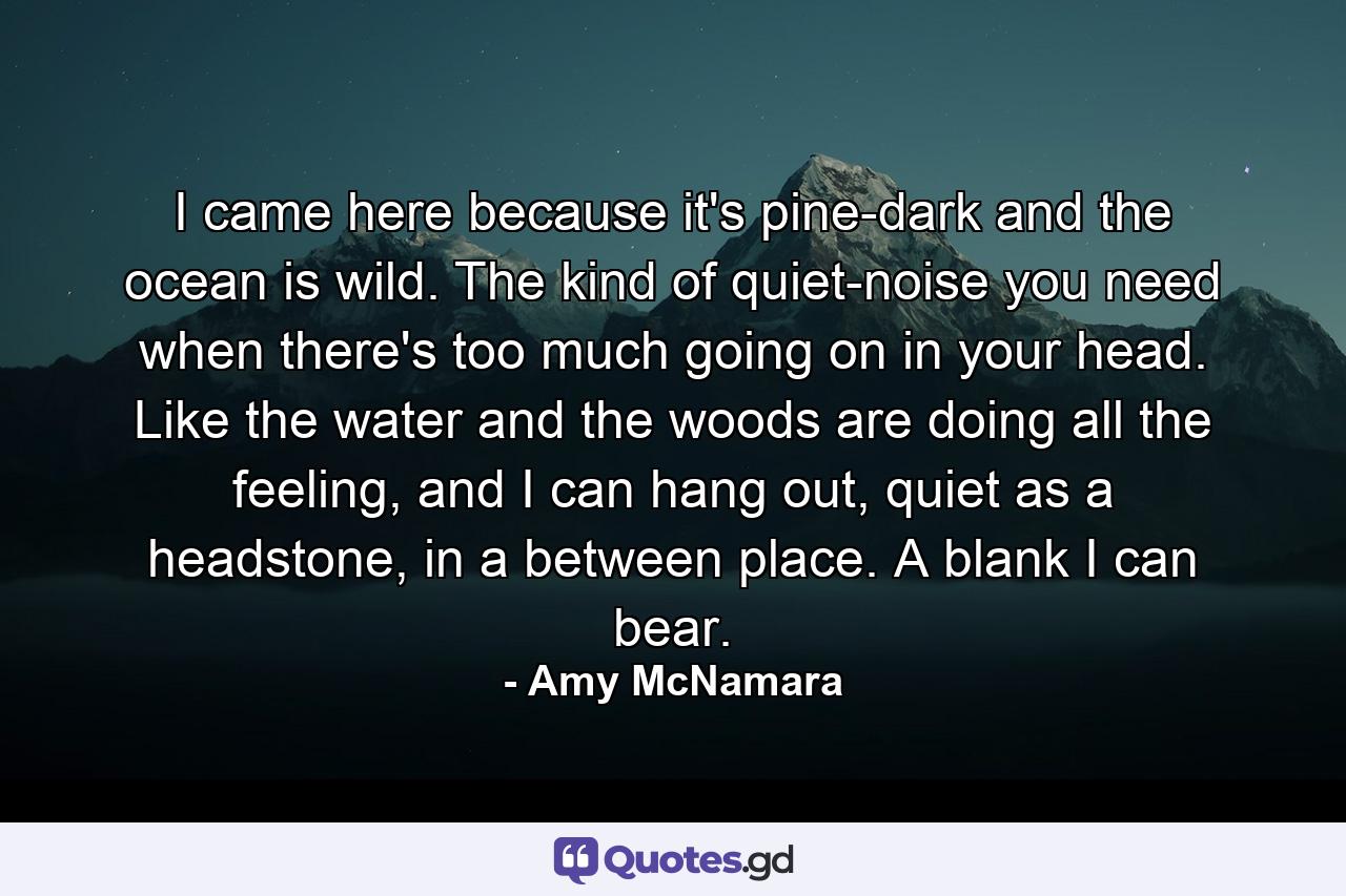 I came here because it's pine-dark and the ocean is wild. The kind of quiet-noise you need when there's too much going on in your head. Like the water and the woods are doing all the feeling, and I can hang out, quiet as a headstone, in a between place. A blank I can bear. - Quote by Amy McNamara