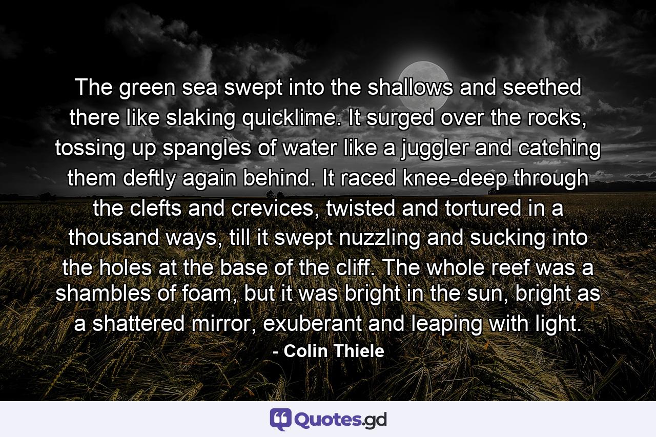 The green sea swept into the shallows and seethed there like slaking quicklime. It surged over the rocks, tossing up spangles of water like a juggler and catching them deftly again behind. It raced knee-deep through the clefts and crevices, twisted and tortured in a thousand ways, till it swept nuzzling and sucking into the holes at the base of the cliff. The whole reef was a shambles of foam, but it was bright in the sun, bright as a shattered mirror, exuberant and leaping with light. - Quote by Colin Thiele