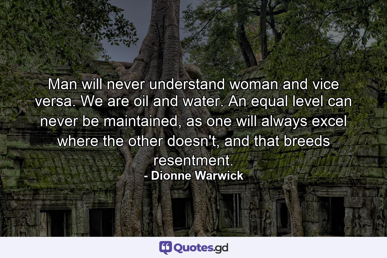 Man will never understand woman and vice versa. We are oil and water. An equal level can never be maintained, as one will always excel where the other doesn't, and that breeds resentment. - Quote by Dionne Warwick