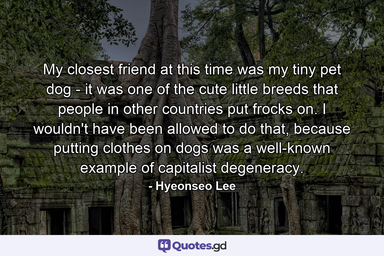 My closest friend at this time was my tiny pet dog - it was one of the cute little breeds that people in other countries put frocks on. I wouldn't have been allowed to do that, because putting clothes on dogs was a well-known example of capitalist degeneracy. - Quote by Hyeonseo Lee