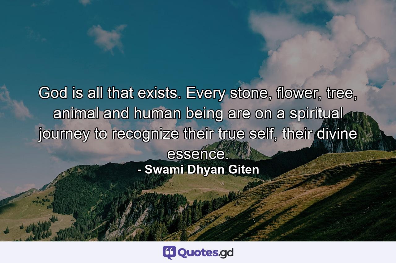 God is all that exists. Every stone, flower, tree, animal and human being are on a spiritual journey to recognize their true self, their divine essence. - Quote by Swami Dhyan Giten