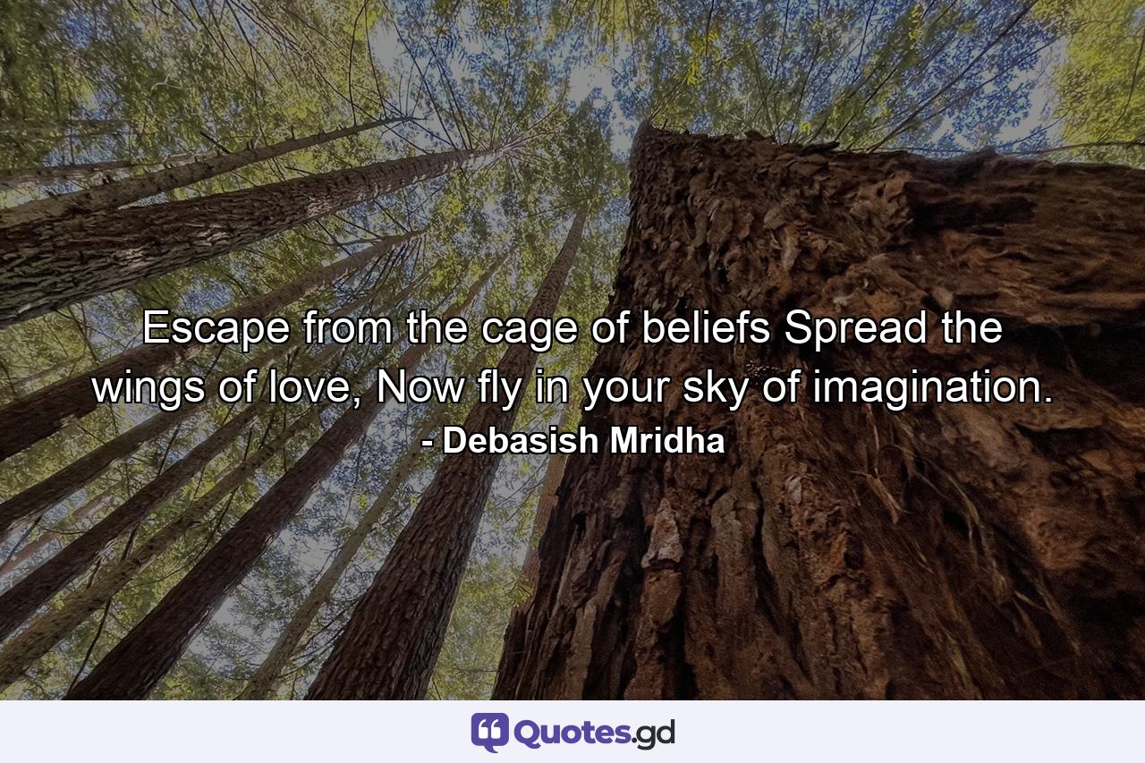 Escape from the cage of beliefs Spread the wings of love, Now fly in your sky of imagination. - Quote by Debasish Mridha