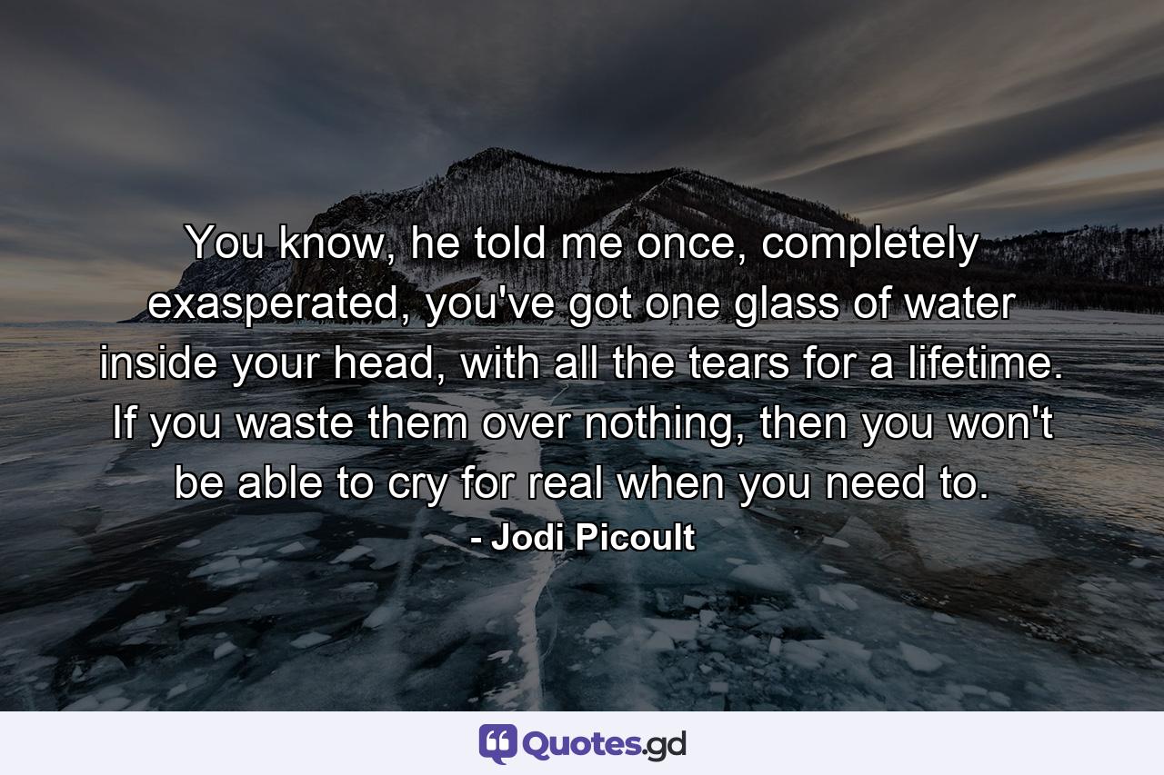 You know, he told me once, completely exasperated, you've got one glass of water inside your head, with all the tears for a lifetime. If you waste them over nothing, then you won't be able to cry for real when you need to. - Quote by Jodi Picoult