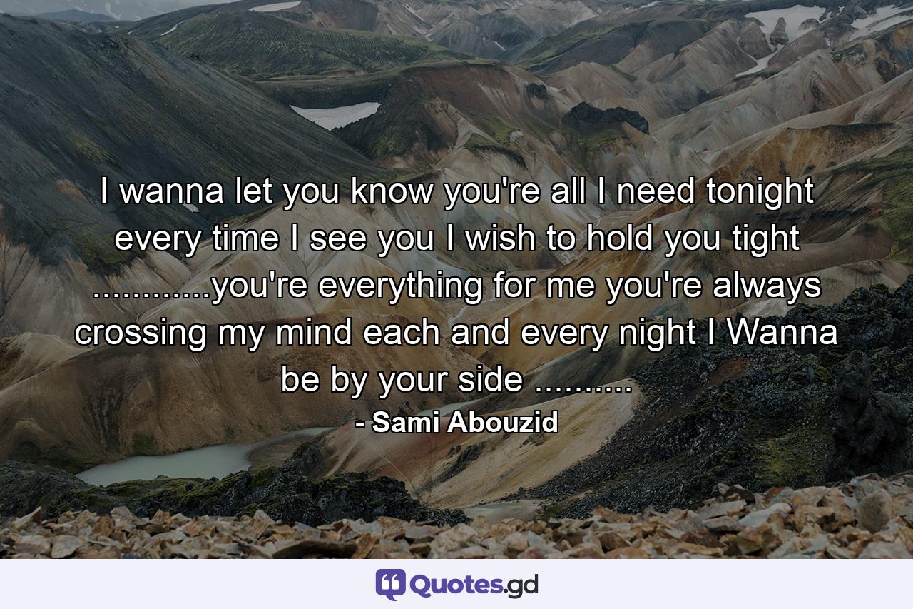 I wanna let you know you're all I need tonight every time I see you I wish to hold you tight ............you're everything for me you're always crossing my mind each and every night I Wanna be by your side .......... - Quote by Sami Abouzid