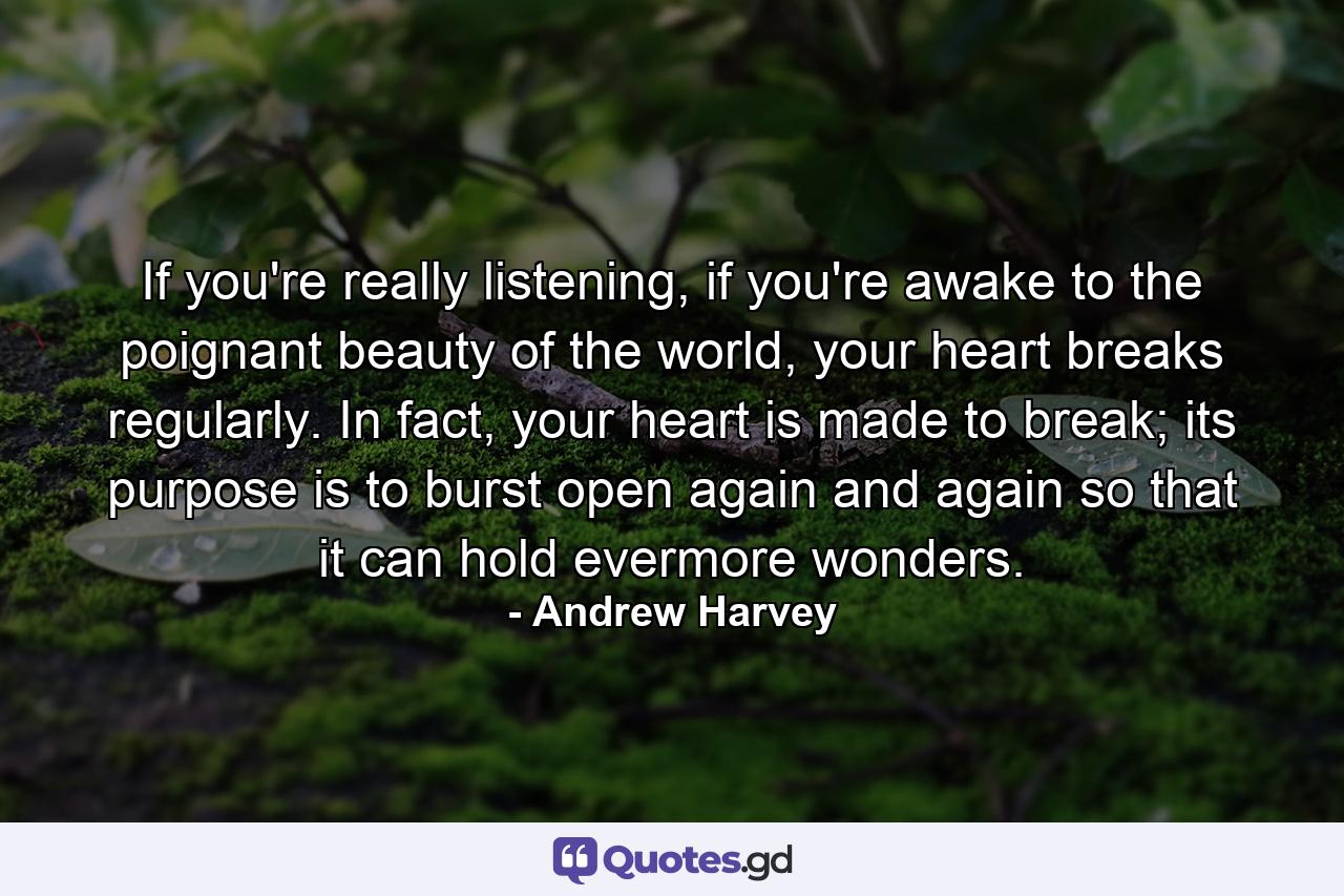 If you're really listening, if you're awake to the poignant beauty of the world, your heart breaks regularly. In fact, your heart is made to break; its purpose is to burst open again and again so that it can hold evermore wonders. - Quote by Andrew Harvey