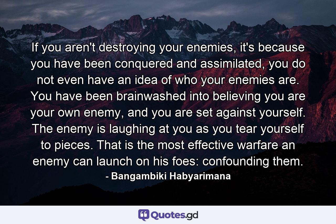 If you aren't destroying your enemies, it's because you have been conquered and assimilated, you do not even have an idea of who your enemies are. You have been brainwashed into believing you are your own enemy, and you are set against yourself. The enemy is laughing at you as you tear yourself to pieces. That is the most effective warfare an enemy can launch on his foes: confounding them. - Quote by Bangambiki Habyarimana