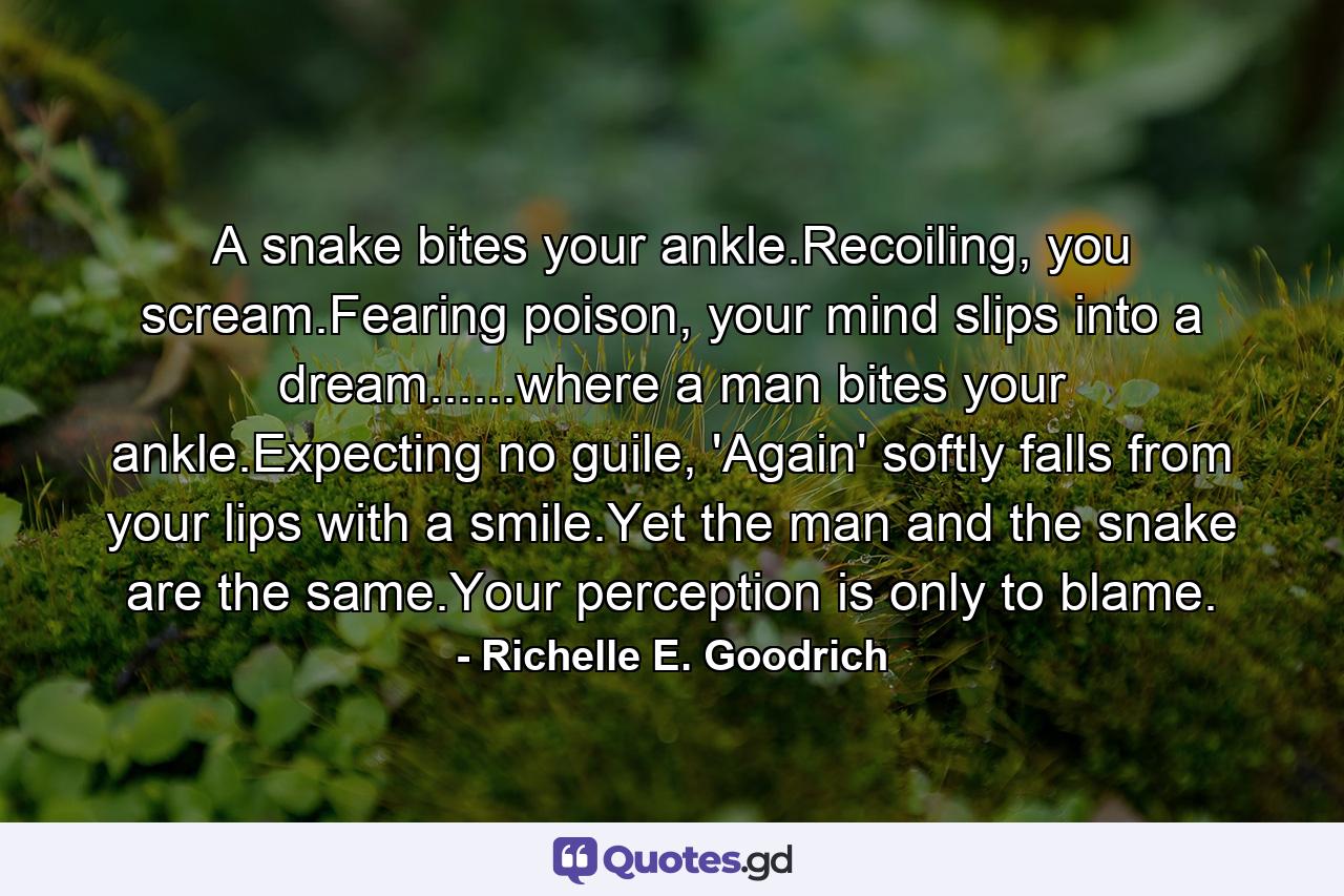 A snake bites your ankle.Recoiling, you scream.Fearing poison, your mind slips into a dream......where a man bites your ankle.Expecting no guile, 'Again' softly falls from your lips with a smile.Yet the man and the snake are the same.Your perception is only to blame. - Quote by Richelle E. Goodrich