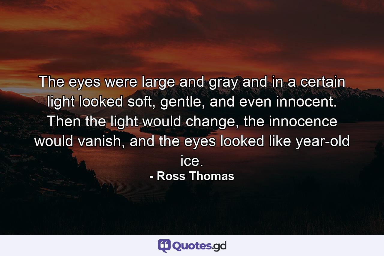 The eyes were large and gray and in a certain light looked soft, gentle, and even innocent. Then the light would change, the innocence would vanish, and the eyes looked like year-old ice. - Quote by Ross Thomas