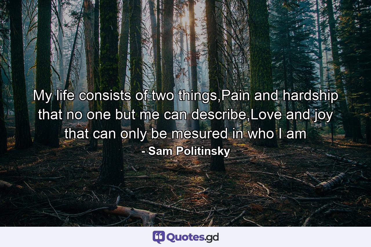 My life consists of two things,Pain and hardship that no one but me can describe,Love and joy that can only be mesured in who I am - Quote by Sam Politinsky