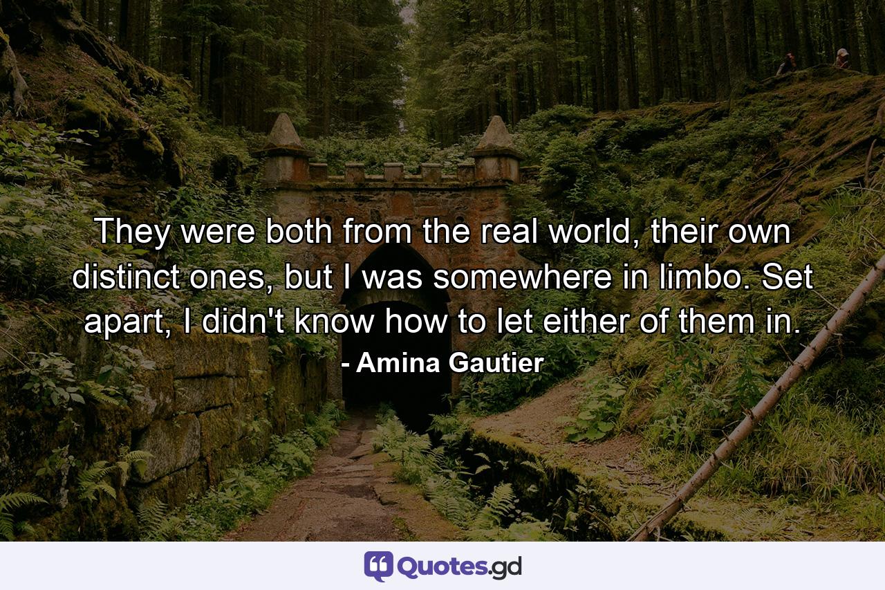 They were both from the real world, their own distinct ones, but I was somewhere in limbo. Set apart, I didn't know how to let either of them in. - Quote by Amina Gautier